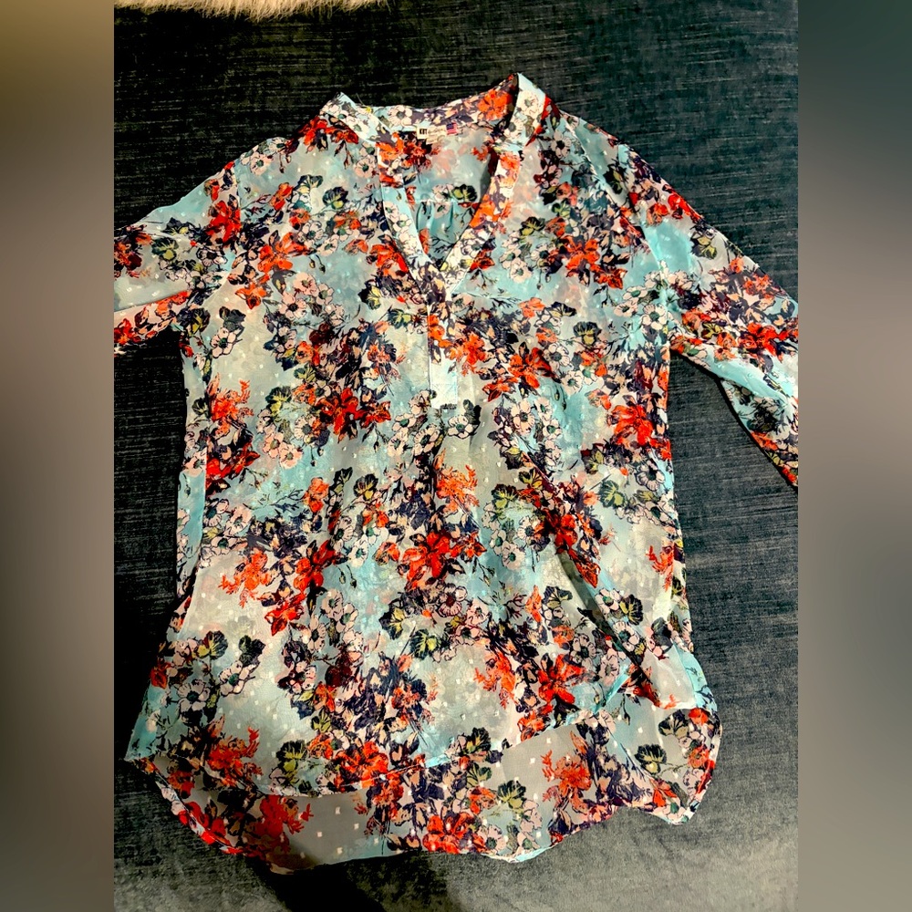 Kut From The Kloth Semi Sheer Swiss Dot Long Sleeve Floral Blouse Women’s Small